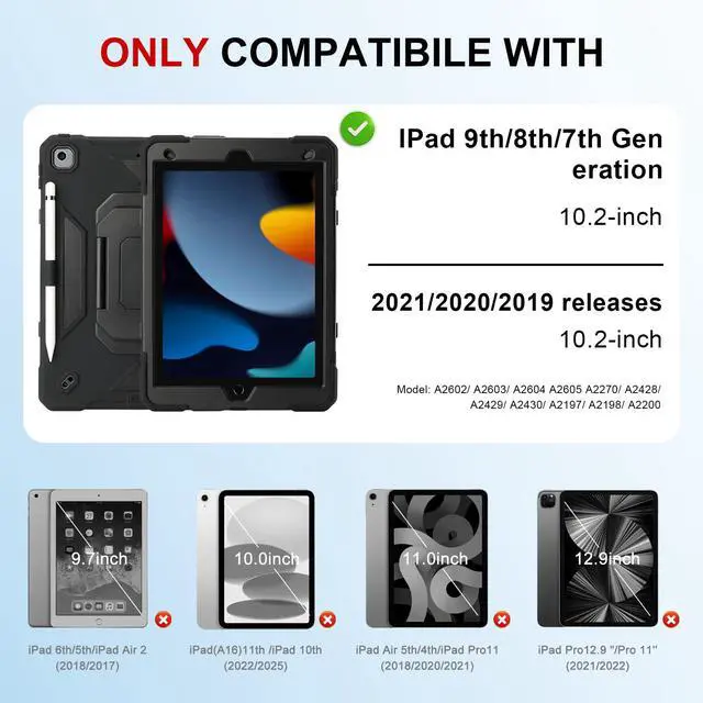Alt view image 2 of 5 - Case for iPad 9th Generation (2021) /iPad 8th Gen (2020)/iPad 7th Gen (2019), Military Grade Shockproof iPad Case Built-in 360°Rotating Stand/Pen Slot/Shoulder Strap, for iPad 10.2 (Black)