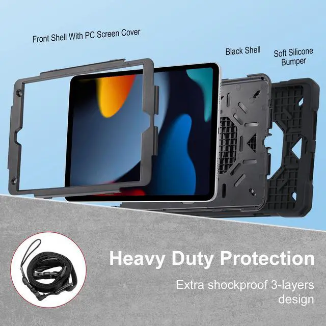 Alt view image 4 of 5 - Case for iPad 9th Generation (2021) /iPad 8th Gen (2020)/iPad 7th Gen (2019), Military Grade Shockproof iPad Case Built-in 360°Rotating Stand/Pen Slot/Shoulder Strap, for iPad 10.2 (Black)