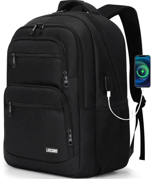 Main image of LIECDRO Backpack for Men, School Backpack for Boys Teens, 15.6 inch Laptop Back Pack with USB Charging Port, Backpacks for School Business Work College Travel, College Book Bag, Black Bookbag