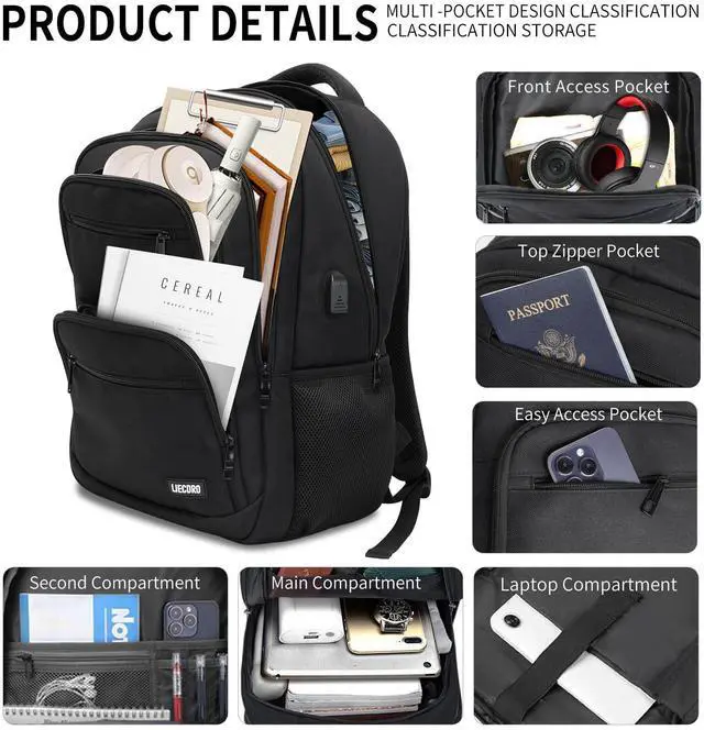 Alt view image 2 of 5 - LIECDRO Backpack for Men, School Backpack for Boys Teens, 15.6 inch Laptop Back Pack with USB Charging Port, Backpacks for School Business Work College Travel, College Book Bag, Black Bookbag