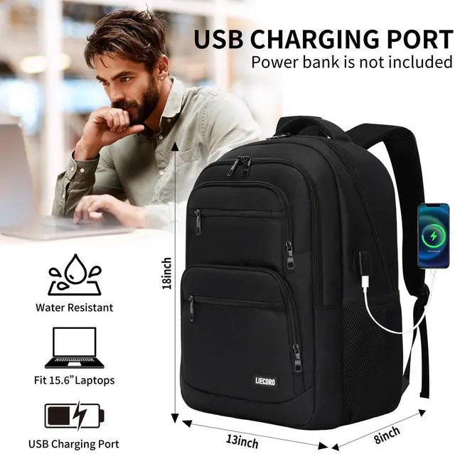 Alt view image 4 of 5 - LIECDRO Backpack for Men, School Backpack for Boys Teens, 15.6 inch Laptop Back Pack with USB Charging Port, Backpacks for School Business Work College Travel, College Book Bag, Black Bookbag