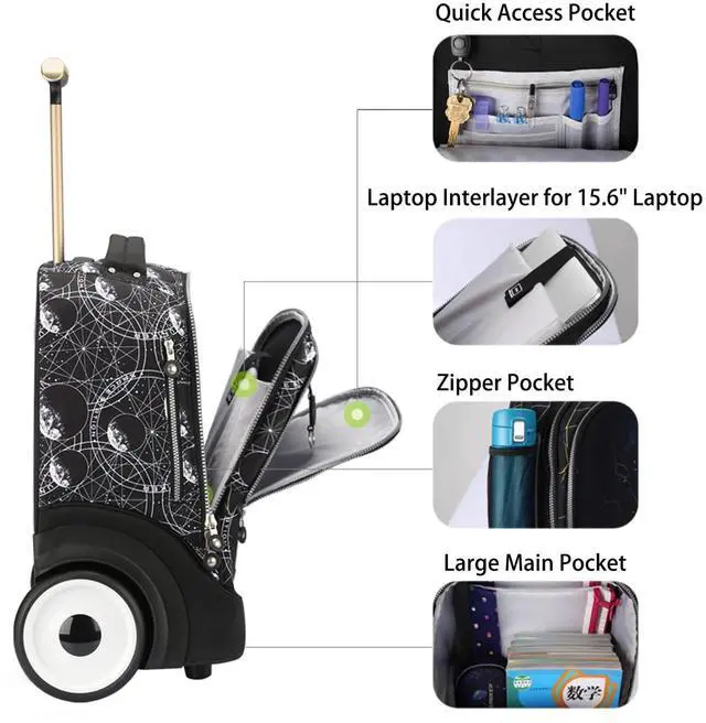 Alt view image 4 of 5 - UNIKER Rolling Bag with Wheels, 40L Water Resistant Wheeled Laptop Backpack, Silent Wheel Travel Backpack for Women Men, T5- Space Station