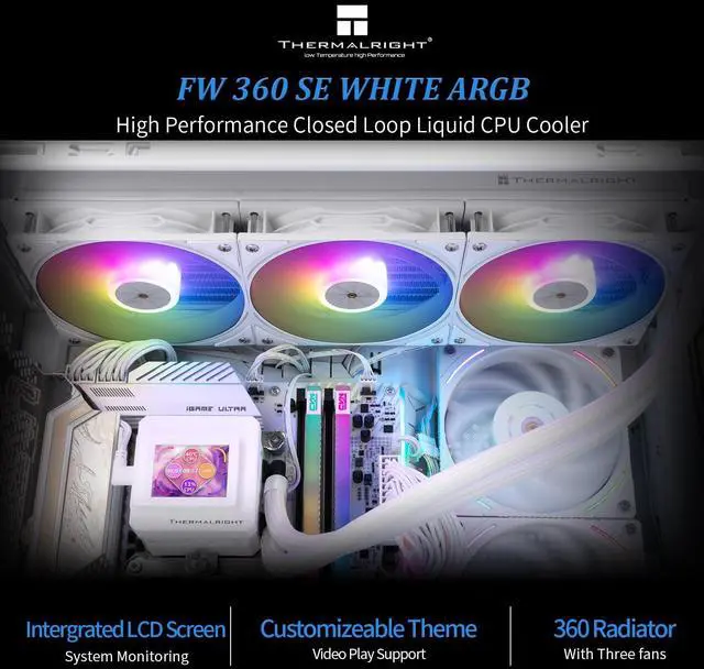 Alt view image 2 of 5 - Thermalright FW 360 SE ARGB White-AIO CPU Liquid Cooler,IPS LCD Screen with 320 * 240 Resolution,for AM4/AM5,Intel LGA1700/1851,2-inch Magnet-Absorbent LCD Screen for Images-White,PC CPU Water Cooler