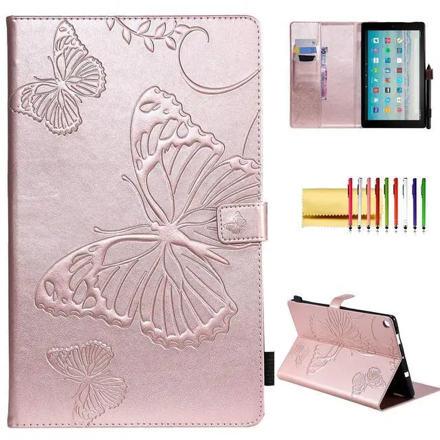 Main image of Case for Fire HD 10 Tablet, Techcircle Butterfly Embossed Slim Folding Stand Cover with Credit Card/Cash Holder Case for Amazon Fire HD 10.1" 5th/7th/9th Generation-2015/2017/2019 Release, Rose Gold
