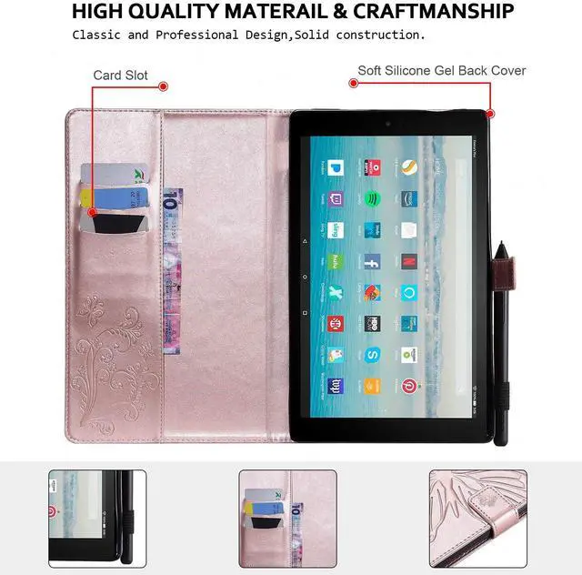 Alt view image 3 of 5 - Case for Fire HD 10 Tablet, Techcircle Butterfly Embossed Slim Folding Stand Cover with Credit Card/Cash Holder Case for Amazon Fire HD 10.1" 5th/7th/9th Generation-2015/2017/2019 Release, Rose Gold