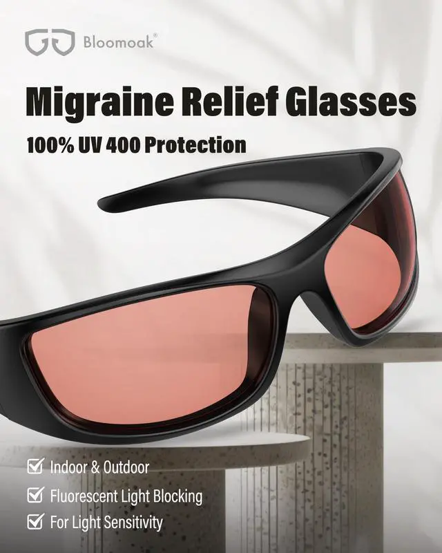 Alt view image 2 of 5 - Bloomoak Rose Tinted Migraine Relief Glasses, UV 400 Protection Outdoor, FL- Flex Light Sensitivity Glasses for Fluorescent LED Glare, Photophobia, Eye Strain