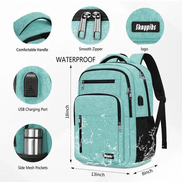 Alt view image 4 of 5 - Skaypibs Backpack for Women Men, School Backpack for Boys Girls Teens, 15.6 Inch Laptop Backpack with USB Port, College Middle High School Bookbag, Water Resistent Business Mochila para hombre, Cyan
