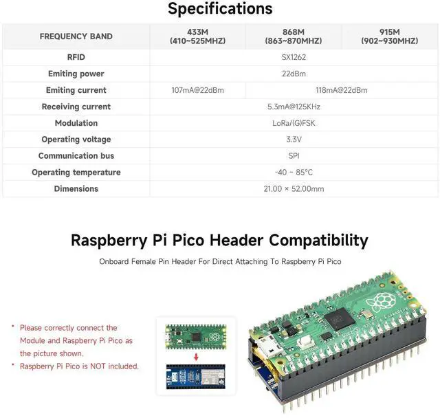 Alt view image 4 of 5 - Waveshare Pico SX1262 LoRa Node Module, Compatible with Raspberry Pi Pico, LoRaWAN Protocol Support, Long Range, Low Power, High Sensitivity Wireless Communication for IoT Projects