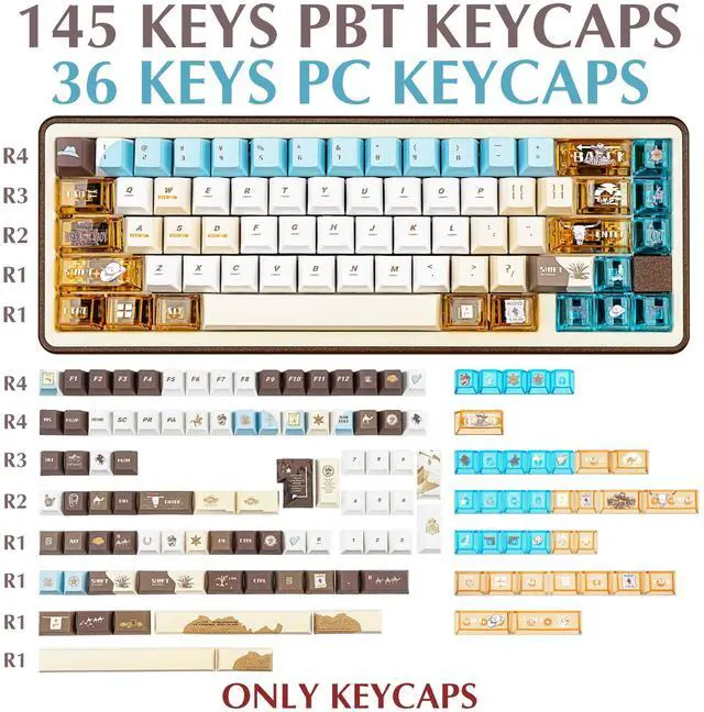 Alt view image 2 of 5 - PC+PBT Keycap Set, Transparent White and Blue Cherry Profile Keycaps, Five Side Dye Sublimation, 145 Keys Western Cowboy Theme for Mechanical Gaming Keyboard
