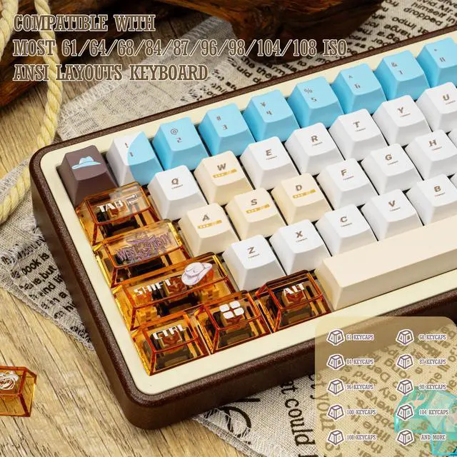 Alt view image 5 of 5 - PC+PBT Keycap Set, Transparent White and Blue Cherry Profile Keycaps, Five Side Dye Sublimation, 145 Keys Western Cowboy Theme for Mechanical Gaming Keyboard