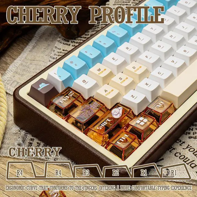 Alt view image 4 of 5 - PC+PBT Keycap Set, Transparent White and Blue Cherry Profile Keycaps, Five Side Dye Sublimation, 145 Keys Western Cowboy Theme for Mechanical Gaming Keyboard