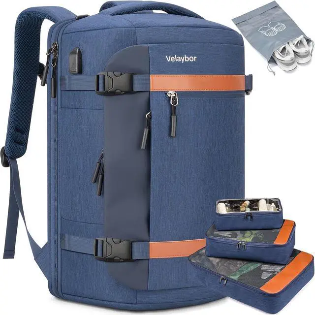 Main image of Velaybor 42L Travel Backpack with 4 Packing Cubes, TSA Friendly Flight Approved Carry-On Bag with USB Charging Port, Water-Resistant Weekender Business Backpack for Men Women, Fits 17.3" Laptop(Blue)