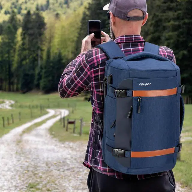 Alt view image 2 of 5 - Velaybor 42L Travel Backpack with 4 Packing Cubes, TSA Friendly Flight Approved Carry-On Bag with USB Charging Port, Water-Resistant Weekender Business Backpack for Men Women, Fits 17.3" Laptop(Blue)