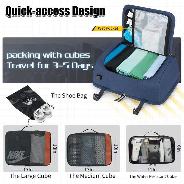 Alt view image 3 of 5 - Velaybor 42L Travel Backpack with 4 Packing Cubes, TSA Friendly Flight Approved Carry-On Bag with USB Charging Port, Water-Resistant Weekender Business Backpack for Men Women, Fits 17.3" Laptop(Blue)