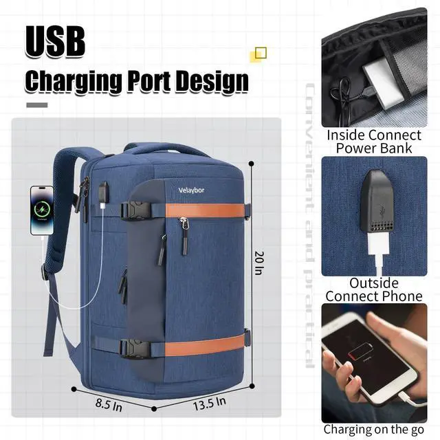 Alt view image 5 of 5 - Velaybor 42L Travel Backpack with 4 Packing Cubes, TSA Friendly Flight Approved Carry-On Bag with USB Charging Port, Water-Resistant Weekender Business Backpack for Men Women, Fits 17.3" Laptop(Blue)