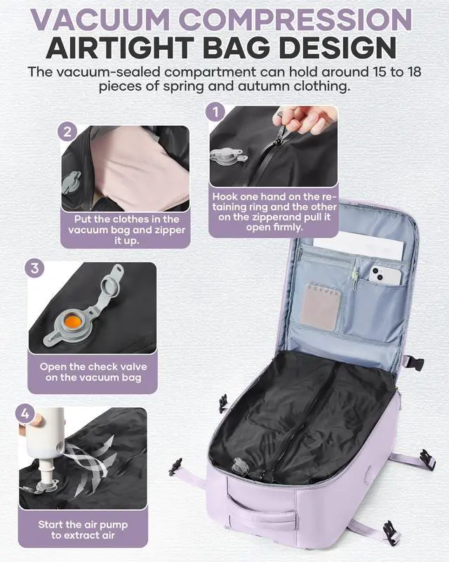 Alt view image 2 of 5 - VENATIN Vacuum Backpack Travel with Pump,Personal Item Travel Bag 18x14 x 8 Inches,Travel Backpack with Vacuum System for Women,Water Resistant Business Work Laptop Backpack,Purple