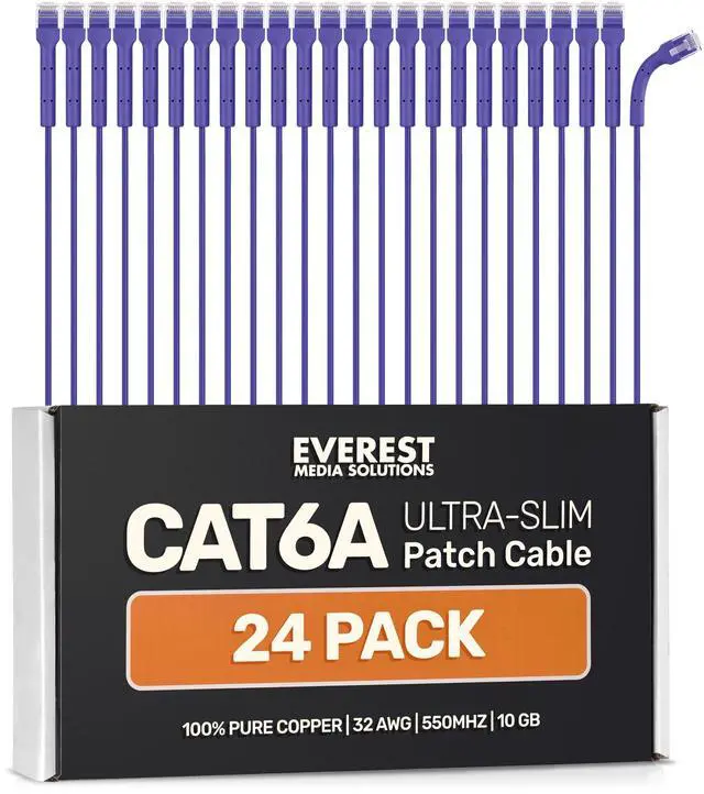 Main image of Everest Ultra Slim Cat6a Ethernet Patch Cables 6ft (24-Pack) Purple - 10GB Cat 6a Patch Cable - Bendable, Flexible & Thin Ethernet Cable - Space Saving 32AWG 550MHZ Cat6a Cables - 100% Copper Wires