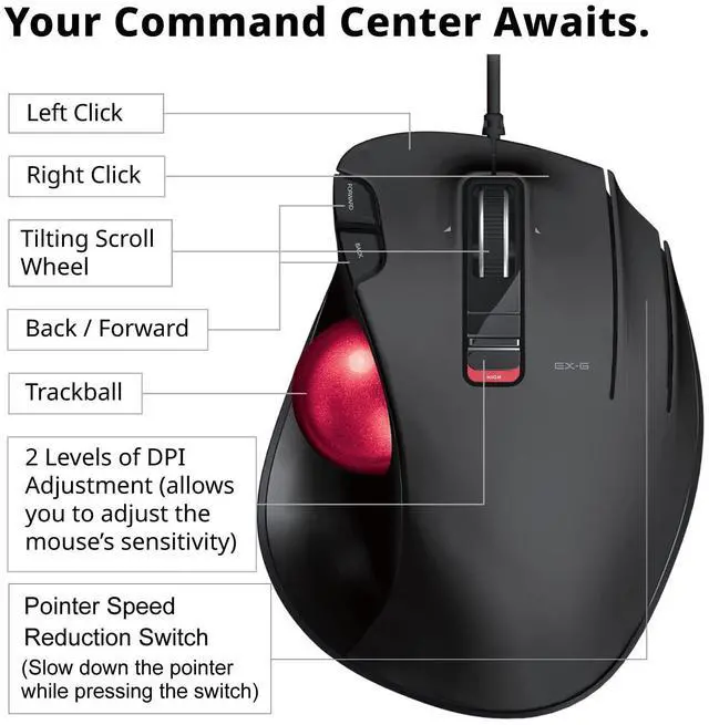 Alt view image 5 of 5 - ELECOM EX-G Wired Trackball Mouse, Ergonomic Thumb Control, Smooth Tracking Roller Ball, 5 Programmable Buttons, Tilt Scroll, Computer Mice for PC Mac