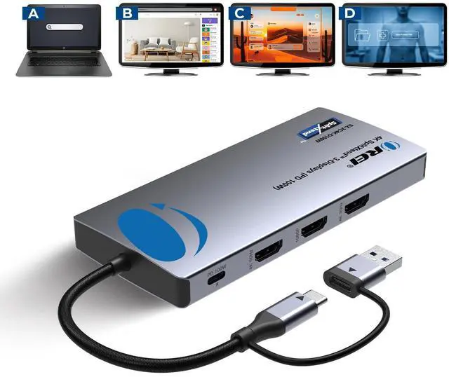 Main image of OREI SplitExtend Laptop Docking Station 3 Monitors - 2X USB 3.0, 1x Type-C, SD Card Reader - USB C Docking Station to HDMI 2.0 Extended Screen, 4K@30Hz Outputs - 100W PD