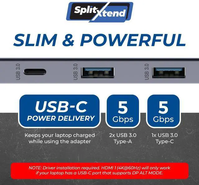 Alt view image 4 of 5 - OREI SplitExtend Laptop Docking Station 3 Monitors - 2X USB 3.0, 1x Type-C, SD Card Reader - USB C Docking Station to HDMI 2.0 Extended Screen, 4K@30Hz Outputs - 100W PD
