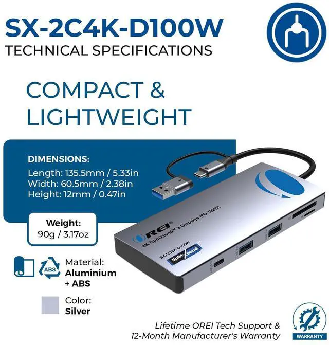 Alt view image 5 of 5 - OREI SplitExtend Laptop Docking Station 3 Monitors - 2X USB 3.0, 1x Type-C, SD Card Reader - USB C Docking Station to HDMI 2.0 Extended Screen, 4K@30Hz Outputs - 100W PD