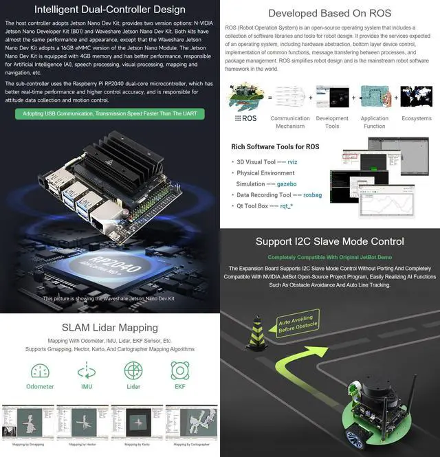 Alt view image 4 of 5 - Waveshare JetBot Professional Version ROS AI Kit, Dual Controllers AI Robot, Lidar Mapping, Vision Processing, Includes Waveshare Jetson Nano Dev Kit 4GB (NOT Support Nano 2GB)