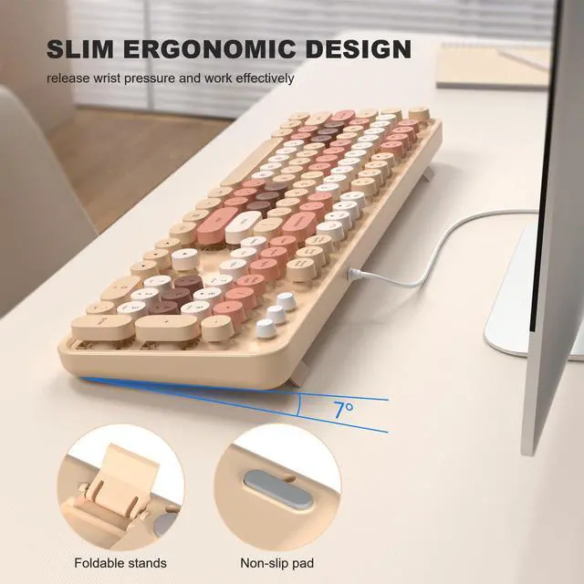 Alt view image 2 of 5 - MOFII Wired Keyboard, Full Size USB Keyboard Plug Play, Colorful Retro Round Typewriter Keyboard with Foldable Stands for Windows PC Laptop (Milk Tea Colorful)