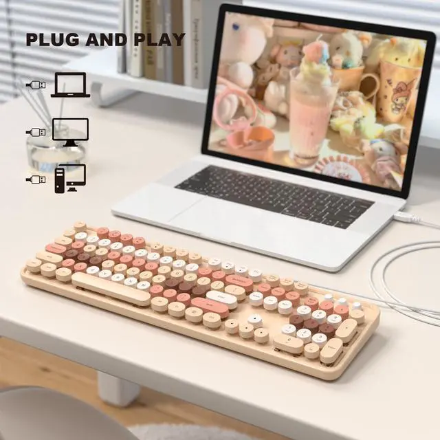 Alt view image 3 of 5 - MOFII Wired Keyboard, Full Size USB Keyboard Plug Play, Colorful Retro Round Typewriter Keyboard with Foldable Stands for Windows PC Laptop (Milk Tea Colorful)