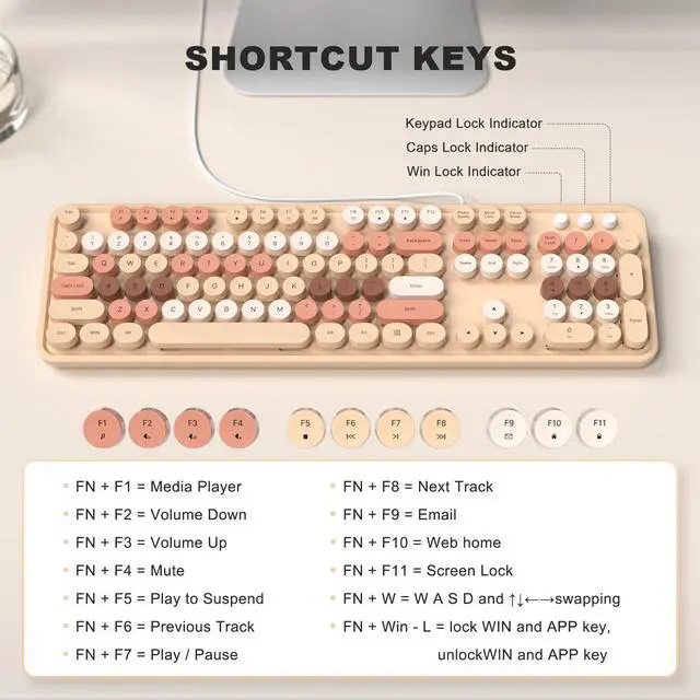 Alt view image 5 of 5 - MOFII Wired Keyboard, Full Size USB Keyboard Plug Play, Colorful Retro Round Typewriter Keyboard with Foldable Stands for Windows PC Laptop (Milk Tea Colorful)