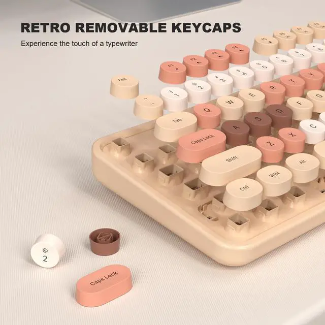 Alt view image 4 of 5 - MOFII Wired Keyboard, Full Size USB Keyboard Plug Play, Colorful Retro Round Typewriter Keyboard with Foldable Stands for Windows PC Laptop (Milk Tea Colorful)