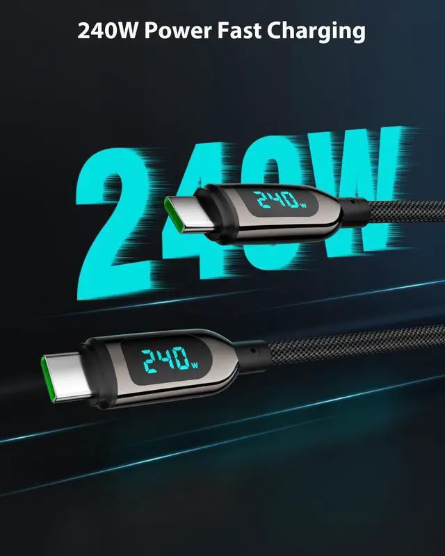 Alt view image 2 of 5 - VisionSync 240W USB C to USB C Cable [6.6ft/2Pack],Nylon Braided Type C Fast Charging Cable with LED Display for iPhone 16/16 Pro Max/15/15 Pro Max, Samsung S25/S24 Ultra, MacBook, iPad, Laptop,Black