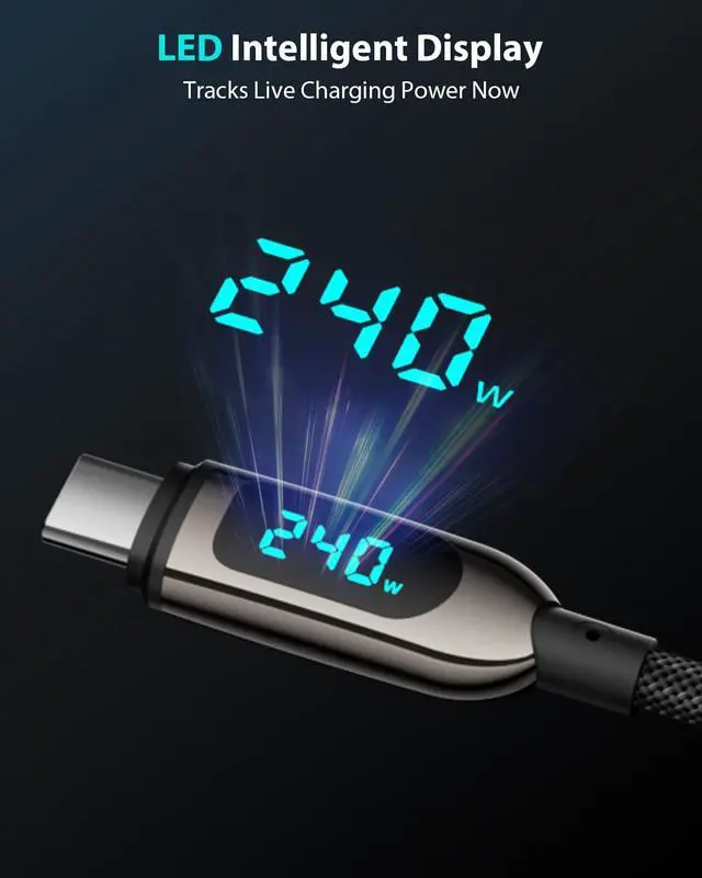 Alt view image 4 of 5 - VisionSync 240W USB C to USB C Cable [6.6ft/2Pack],Nylon Braided Type C Fast Charging Cable with LED Display for iPhone 16/16 Pro Max/15/15 Pro Max, Samsung S25/S24 Ultra, MacBook, iPad, Laptop,Black