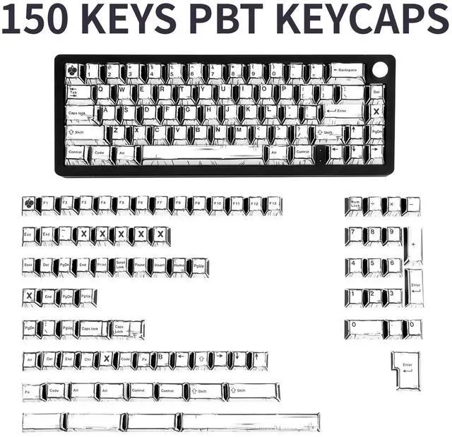 Alt view image 2 of 5 - TIMSEKER 150-Key Black and White Manga PBT Keycaps, Cherry Profile, Retro Anime Style, Dye-Sublimation Custom Gaming Keycaps for ANSI ISO Layout Mechanical Keyboards, Cherry MX Compatible