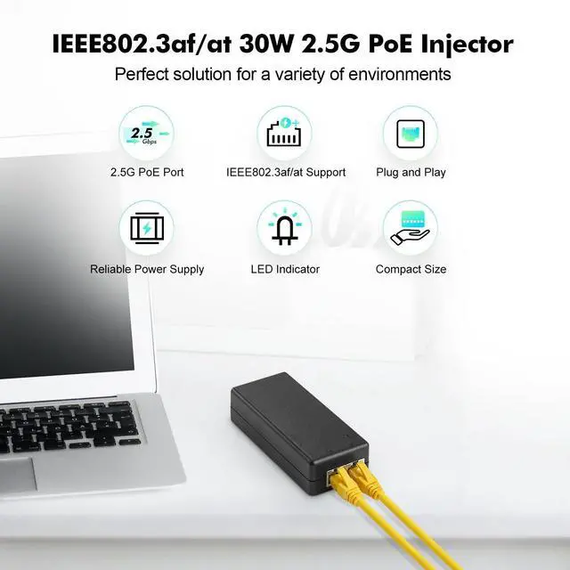 Alt view image 2 of 5 - 2.5 Gigabit PoE+ Injector 30W, 802.3af/at Power Over Ethernet YuLinca Adapter, 100/1000/2500Mbps, Plug & Play, Distance Up to 100 Meters (328 ft.)