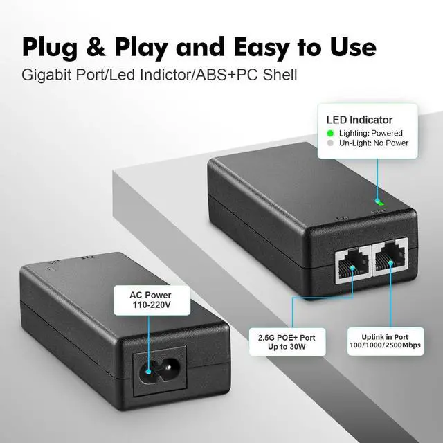 Alt view image 4 of 5 - 2.5 Gigabit PoE+ Injector 30W, 802.3af/at Power Over Ethernet YuLinca Adapter, 100/1000/2500Mbps, Plug & Play, Distance Up to 100 Meters (328 ft.)