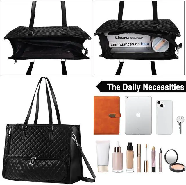 Alt view image 2 of 5 - URSKYTOUS Laptop Tote Bag for Women 2 in 1 PU Leather Work Bag with Insulated Lunch Compartment 16.5 Inch Lunch Bag with Purse Large Capacity Computer Handbag Black Business Tote for Office Travel