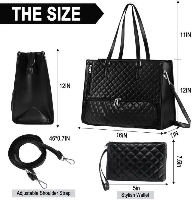 Alt view image 4 of 5 - URSKYTOUS Laptop Tote Bag for Women 2 in 1 PU Leather Work Bag with Insulated Lunch Compartment 16.5 Inch Lunch Bag with Purse Large Capacity Computer Handbag Black Business Tote for Office Travel