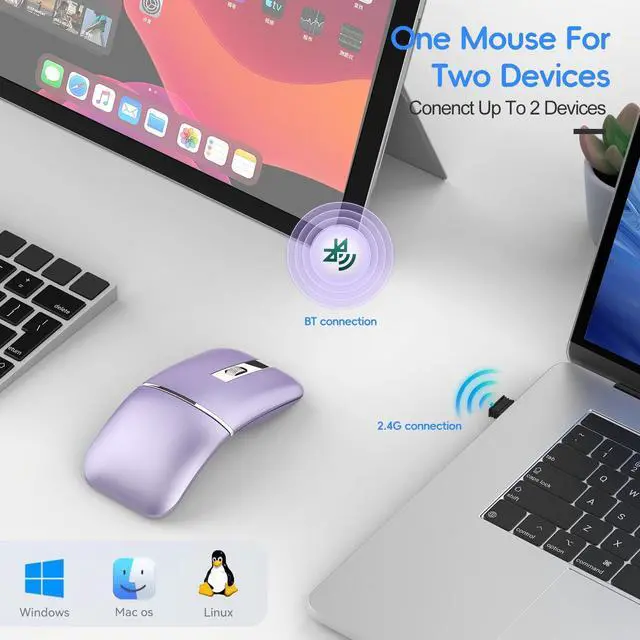 Alt view image 2 of 5 - Foldable Bluetooth Travel Mouse,Wireless Portable 2.4G Arc Mice,Multi-Device (Bluetooth+2.4G),360° Rotating Rechargeable Flat Mice for Desktop PC Laptops Tablets-Purple