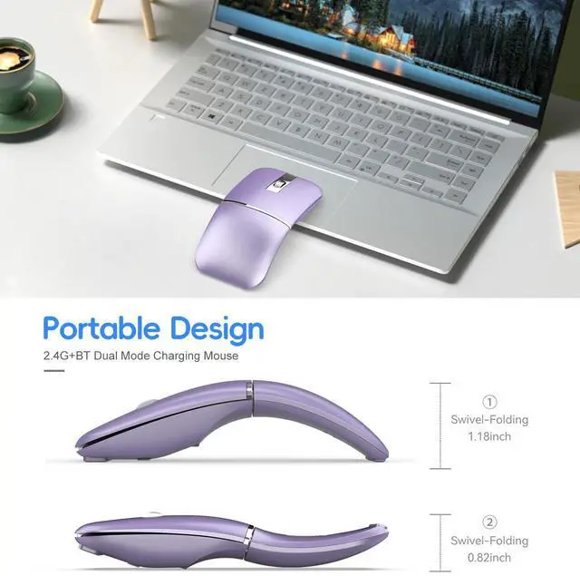 Alt view image 5 of 5 - Foldable Bluetooth Travel Mouse,Wireless Portable 2.4G Arc Mice,Multi-Device (Bluetooth+2.4G),360° Rotating Rechargeable Flat Mice for Desktop PC Laptops Tablets-Purple