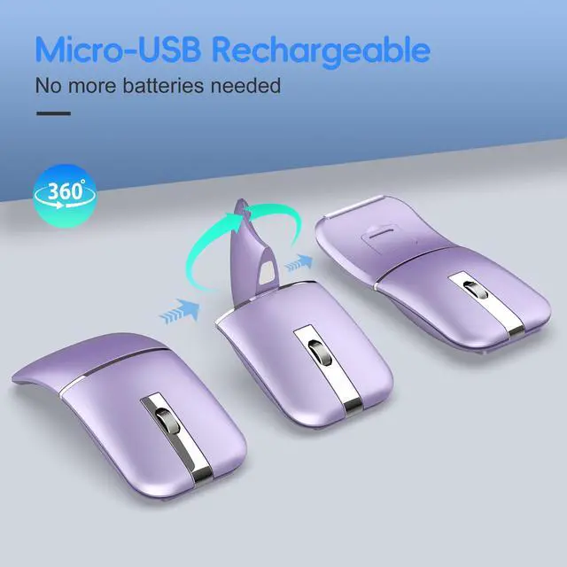 Alt view image 4 of 5 - Foldable Bluetooth Travel Mouse,Wireless Portable 2.4G Arc Mice,Multi-Device (Bluetooth+2.4G),360° Rotating Rechargeable Flat Mice for Desktop PC Laptops Tablets-Purple