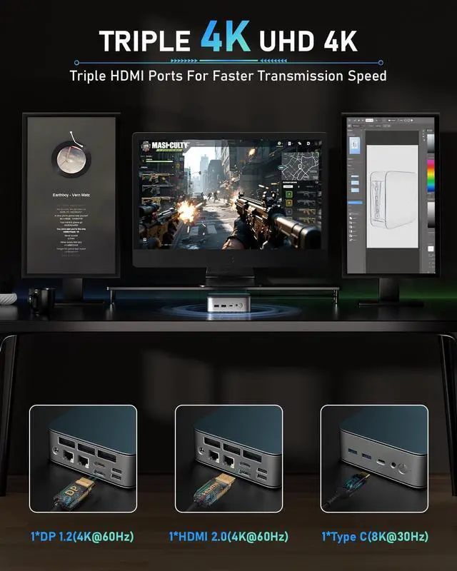 Alt view image 3 of 5 - Getorli Mini PC, Dual LAN AMD R5 7430U(Max 4.3GHz), Mini Computers 32GB DDR4 RAM 1TB SSD, Mini Desktop Computer 4K 60Hz Displays/HDMI/Type-C/USB Ports/RJ45/WiFi 6/BT5.0 for Home/Office/Casual Games