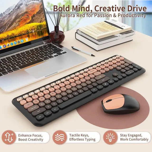 Alt view image 2 of 5 - HotFox Wireless Keyboard and Mouse Combo, Full-Size Retro Typewriter Keyboard with Round Keycaps, Ergonomic Design for Windows PC, Home and Office Use -Red