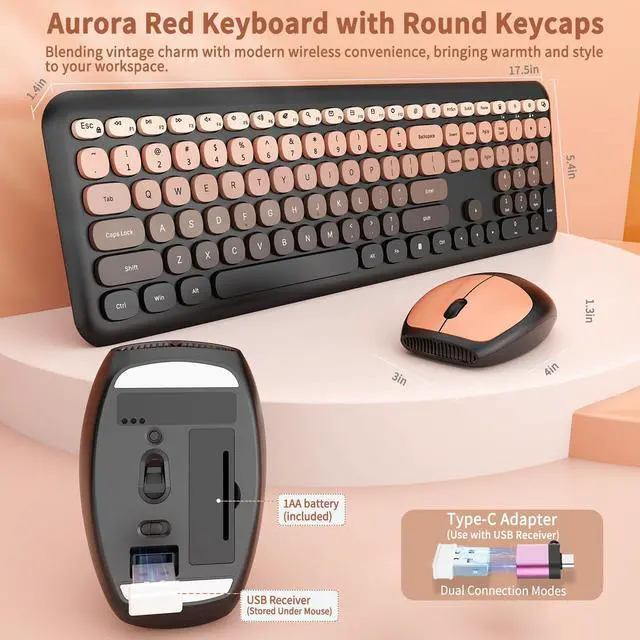 Alt view image 4 of 5 - HotFox Wireless Keyboard and Mouse Combo, Full-Size Retro Typewriter Keyboard with Round Keycaps, Ergonomic Design for Windows PC, Home and Office Use -Red