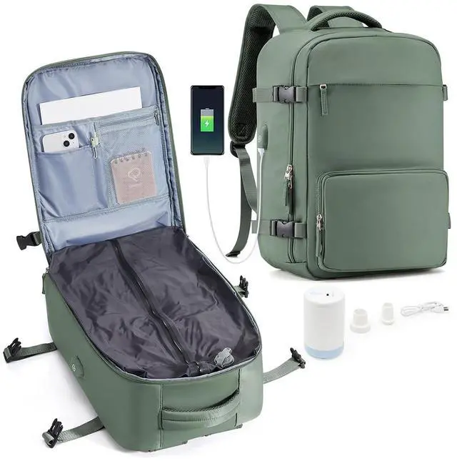 Main image of suradar Vacuum Travel Backpack with Pump Vacuum Compression Seal Vacpack Air Backpacks Laptop Backpack for Women Men Carry on Backpacks Personal Item Travel Bag Luggage Flight Approved Dark Green