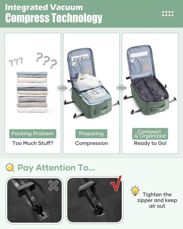 Alt view image 3 of 5 - suradar Vacuum Travel Backpack with Pump Vacuum Compression Seal Vacpack Air Backpacks Laptop Backpack for Women Men Carry on Backpacks Personal Item Travel Bag Luggage Flight Approved Dark Green