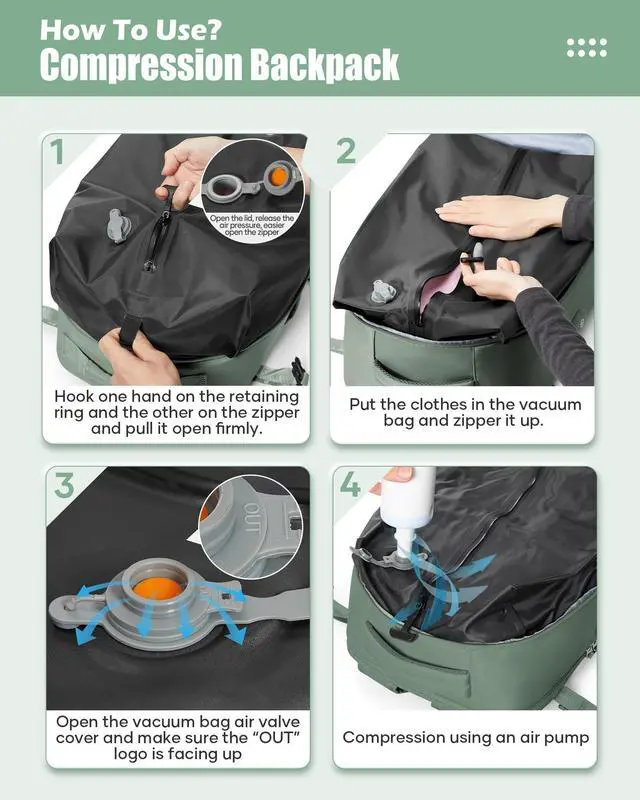 Alt view image 4 of 5 - suradar Vacuum Travel Backpack with Pump Vacuum Compression Seal Vacpack Air Backpacks Laptop Backpack for Women Men Carry on Backpacks Personal Item Travel Bag Luggage Flight Approved Dark Green