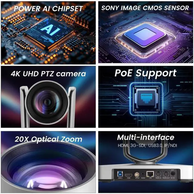 Alt view image 2 of 5 - AVKANS 4K NDI PTZ Camera with AI Tracking, 20X HDMI SDI PTZ Camera 4K with IP Live Streaming for Church Worship Live Events,PoE Support