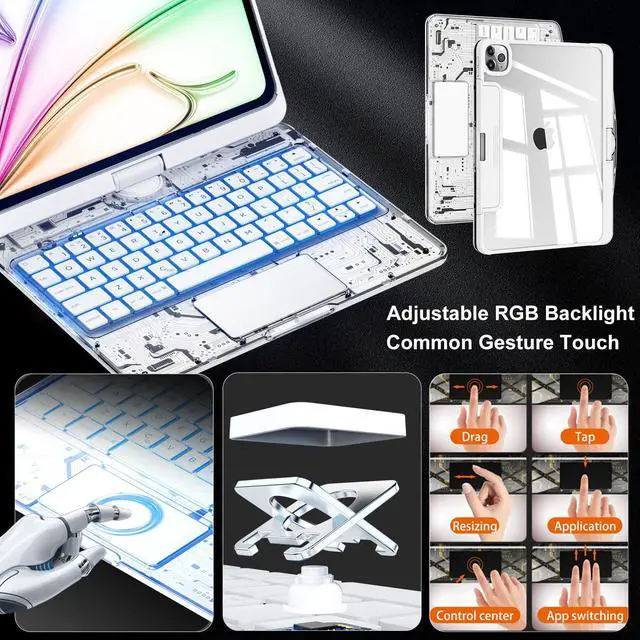Alt view image 3 of 5 - iPad Keyboard Case,for 2024 iPad Pro 11-inch(M4) Transparent Keyboard case Featuring RGB backlighting, 360° Rotating trackpad, and Stylus Slot,White