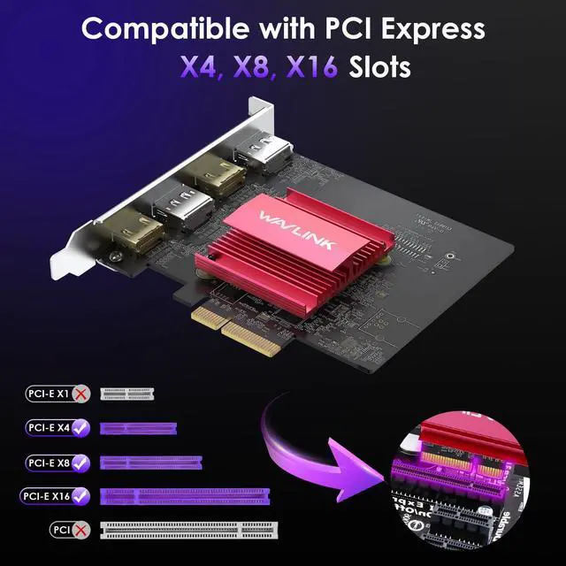 Alt view image 3 of 5 - WAVLINK 8K/4K PCIE 4 Monitors Card - 2DP+2HDMI, PCIE to HDMI & DP Adapter Supports Extend 4 Monitors Output for Windows 11/10 & Ubuntu with DisplayLink DL7400(Non-Gaming GPU)