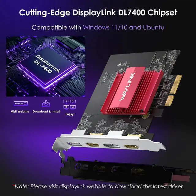 Alt view image 4 of 5 - WAVLINK 8K/4K PCIE 4 Monitors Card - 2DP+2HDMI, PCIE to HDMI & DP Adapter Supports Extend 4 Monitors Output for Windows 11/10 & Ubuntu with DisplayLink DL7400(Non-Gaming GPU)
